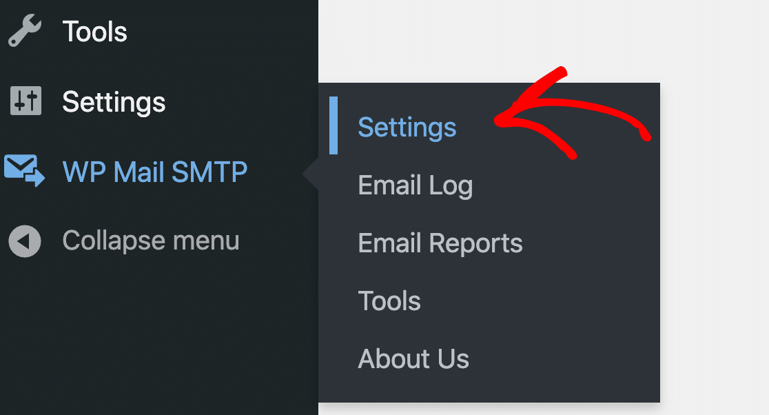 WP Mail SMTP settings menu