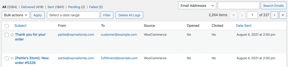 Email log showing WooCommerce order emails