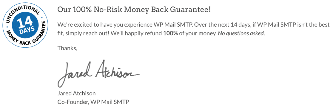 WP Mail SMTP money-back guarantee