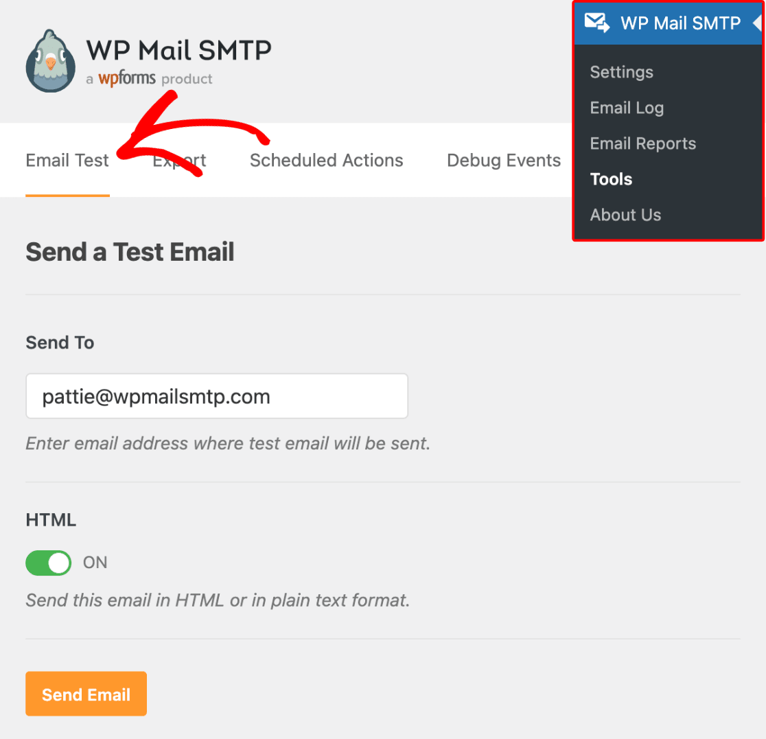 WP Mail SMTP 中的电子邮件测试选项卡