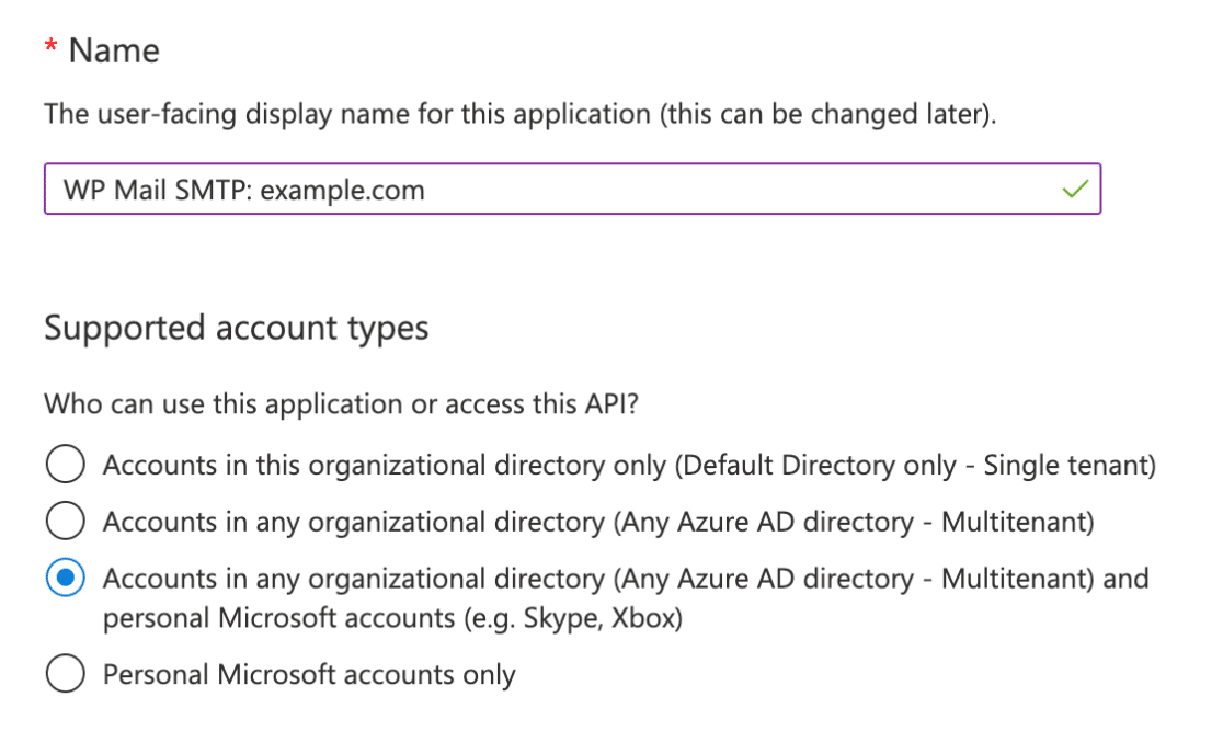 Example of app registration form in Microsoft