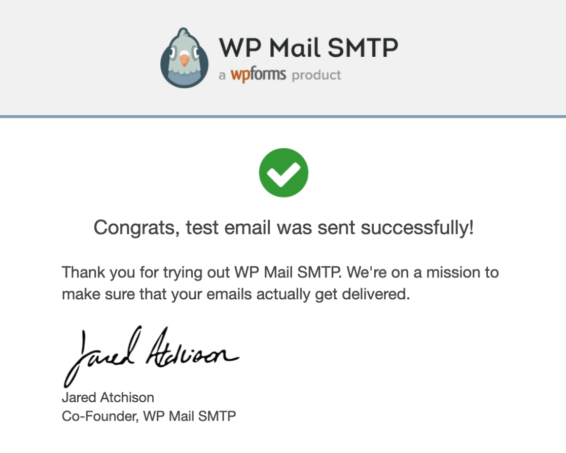 A successful test email from WP Mail SMTP