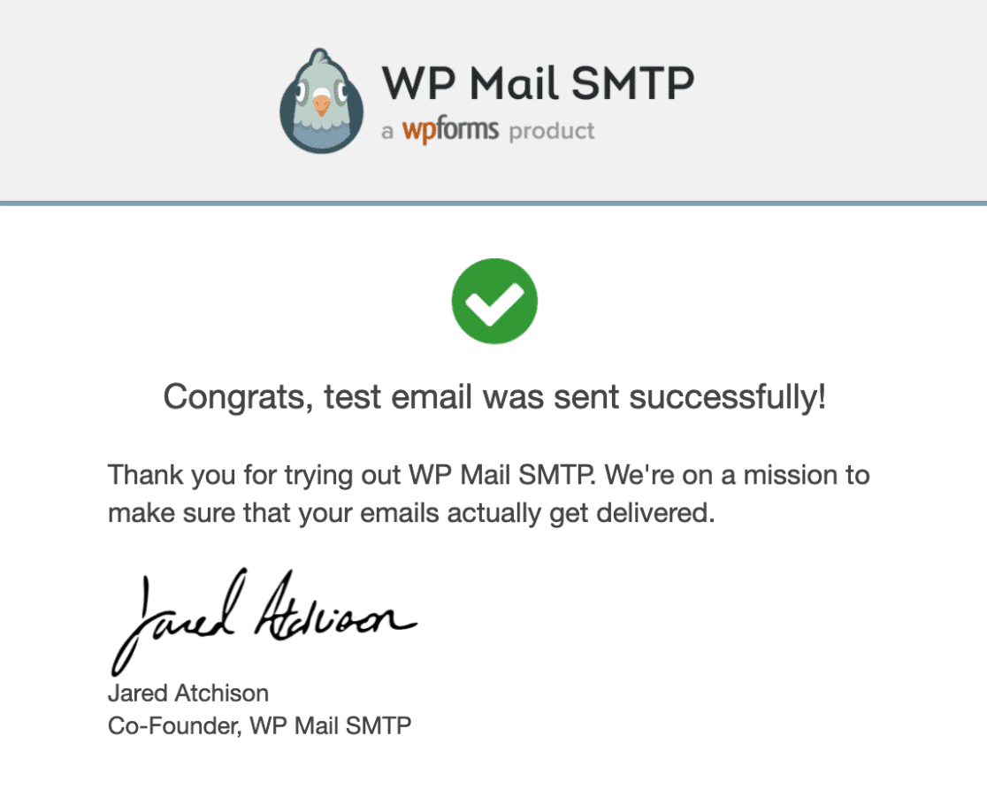 Email kiểm tra thành công từ WP Mail SMTP