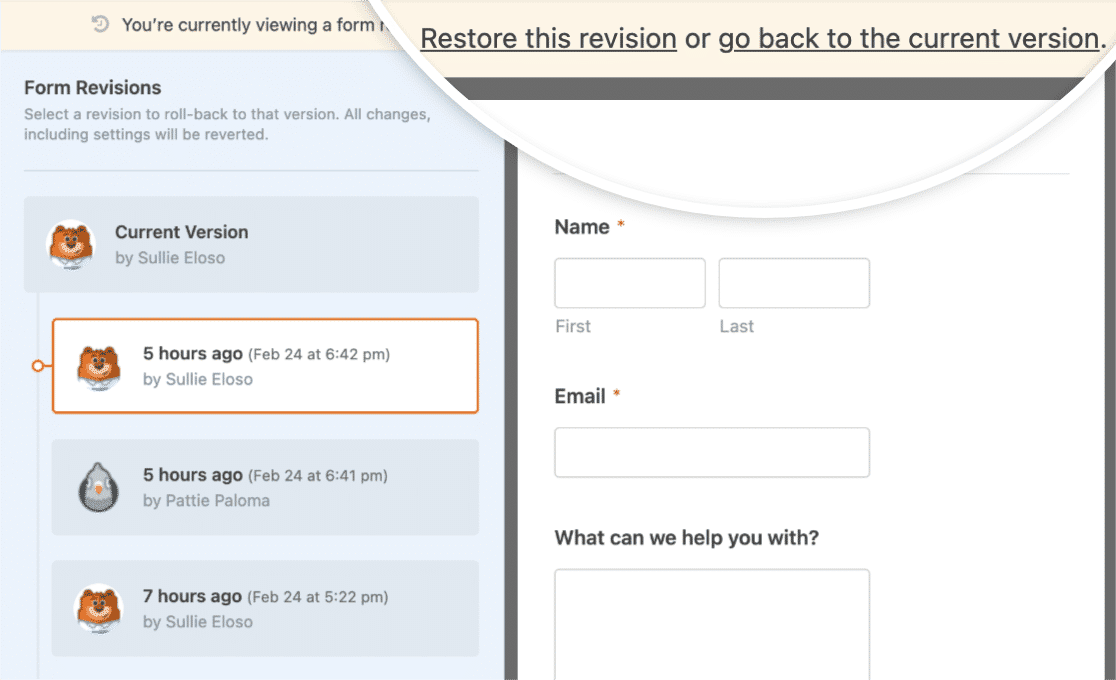 Restoring a previous version of a form in WPForms