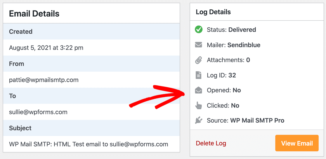 Open and click information in WordPress email log