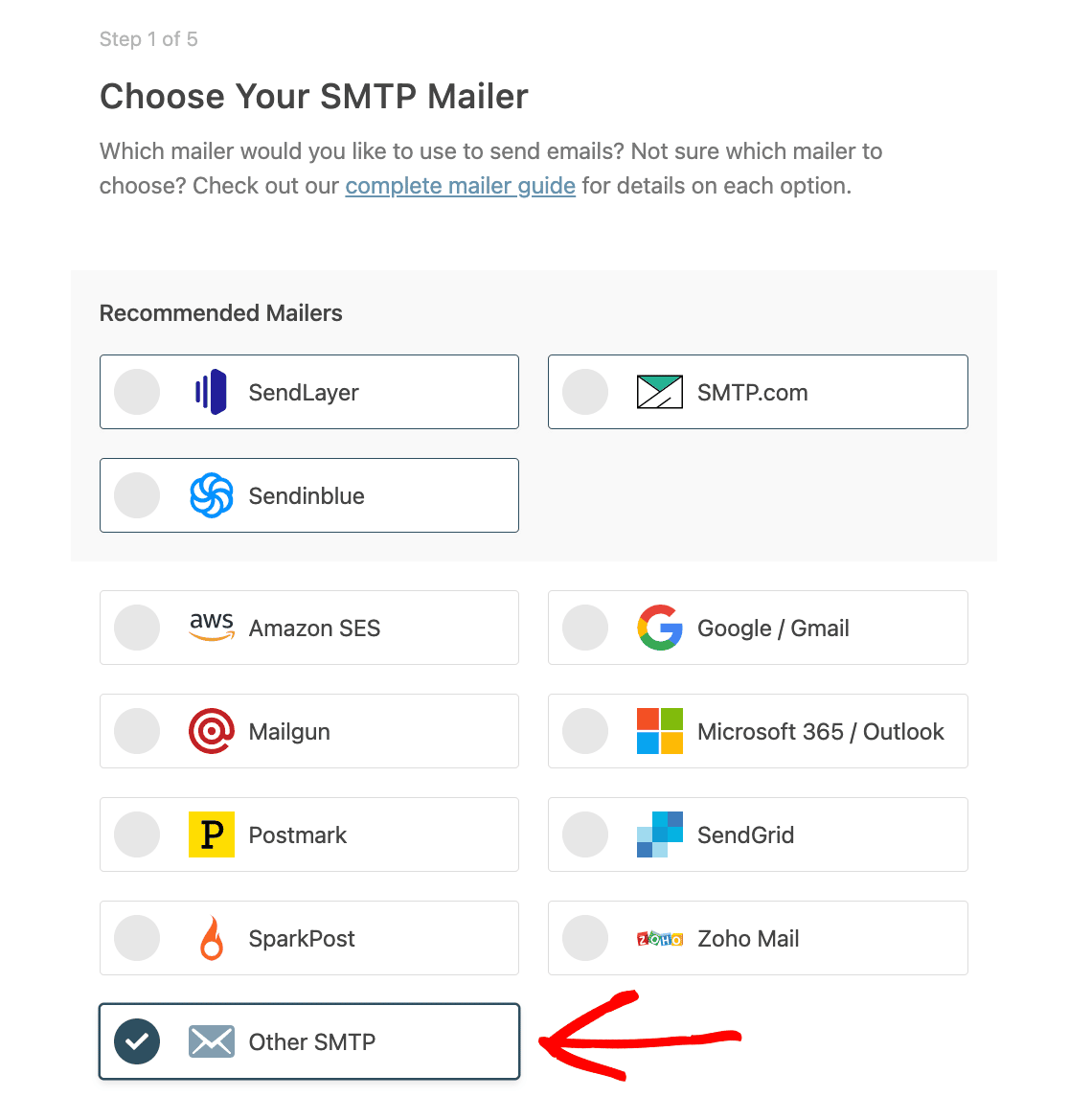 Choosing the Other SMTP mailer in the WP Mail SMTP Setup Wizard