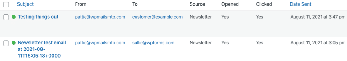 The Newsletter Plugin email log table