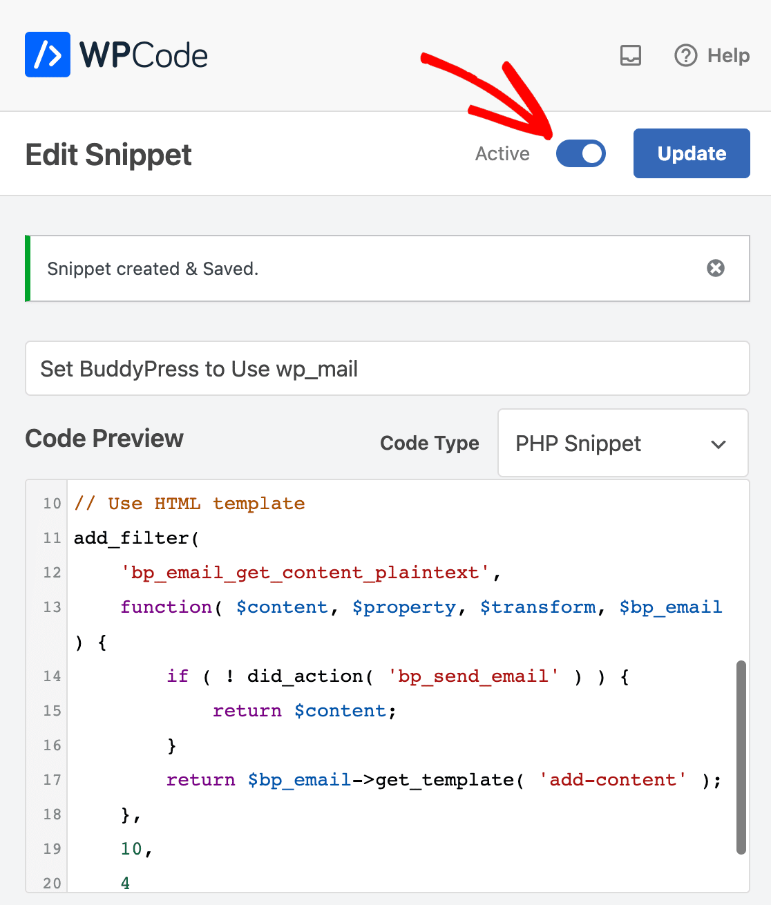 Activating a WPCode snippet