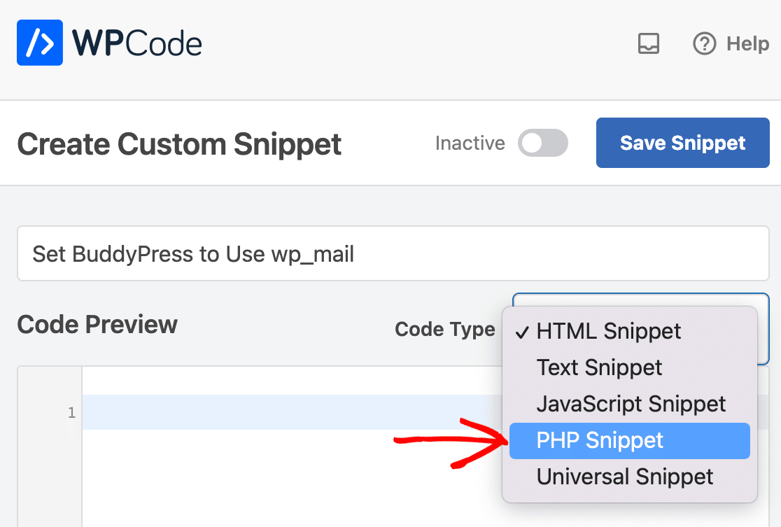 Setting the Code Type to PHP Snippet in WPCode