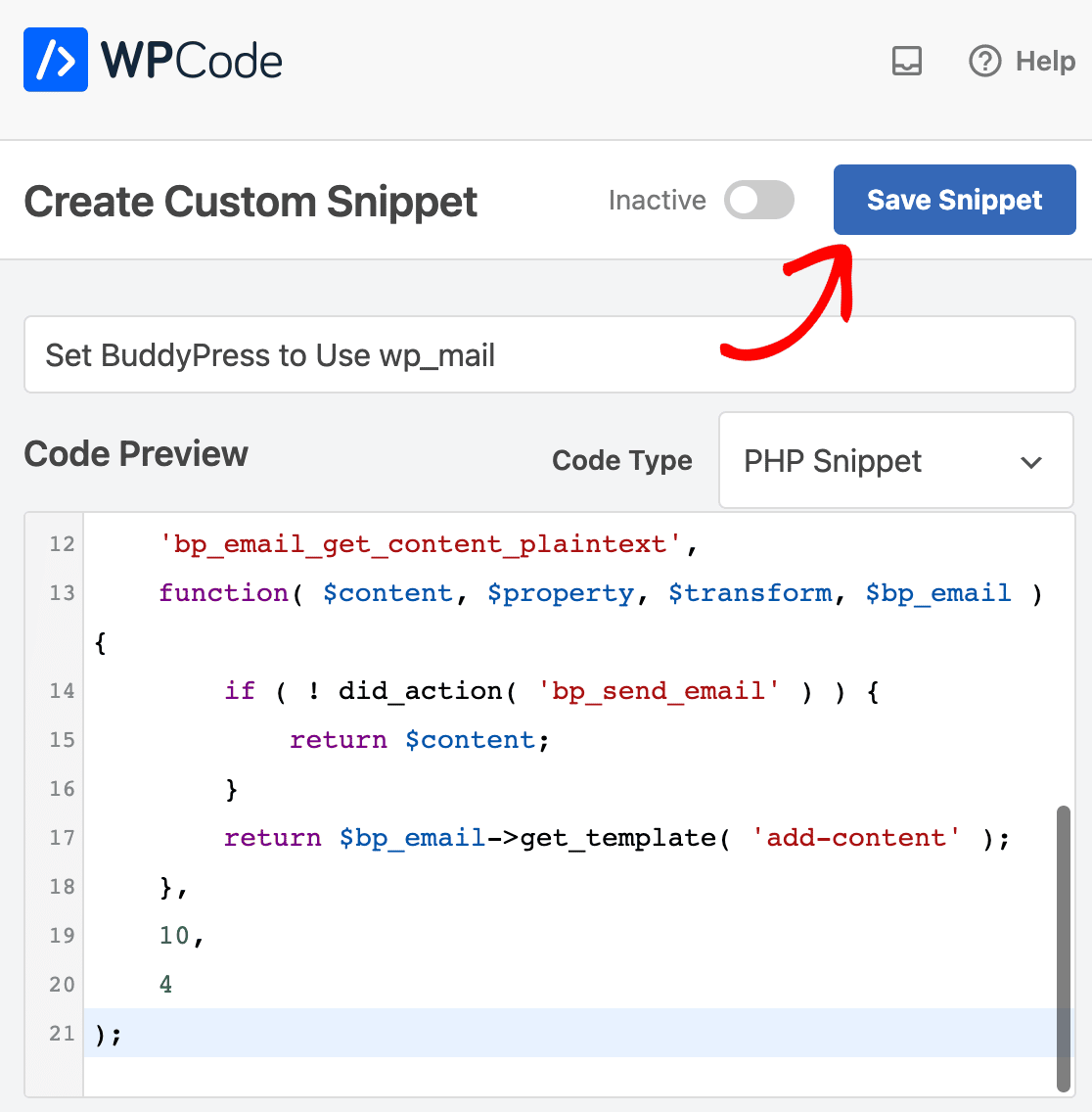 Saving a new snippet in WPCode