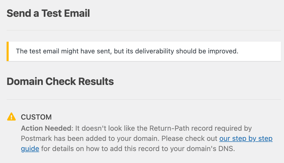 Domain Check results for a test email indicating that DNS records are missing