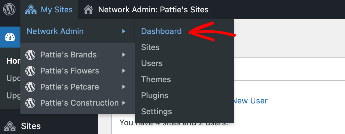 Opening the Network Admin dashboard for a multisite installation