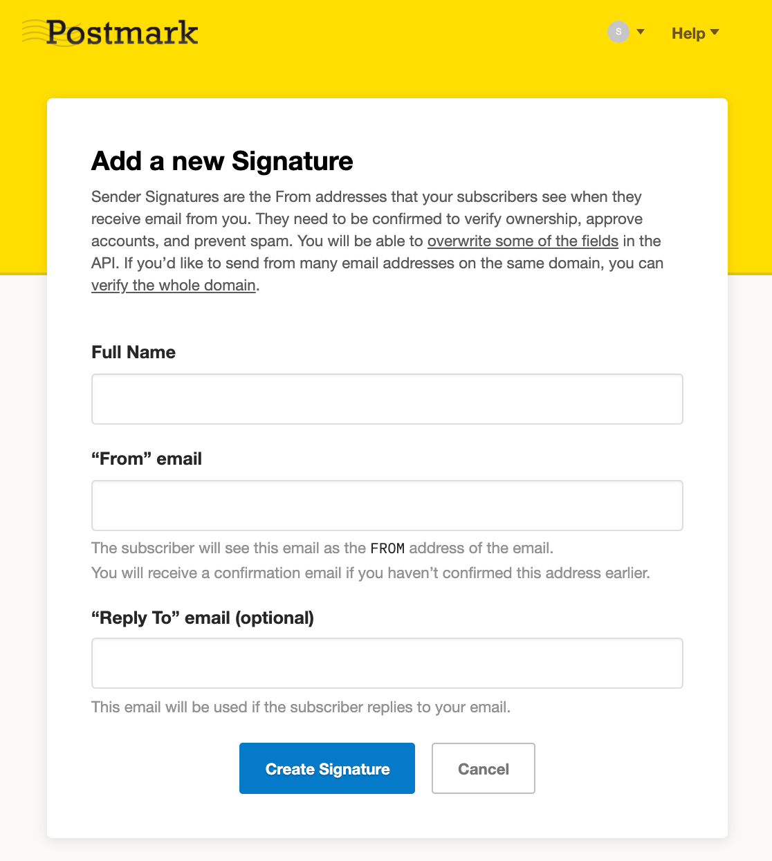 Creating a new sender signature in Postmark