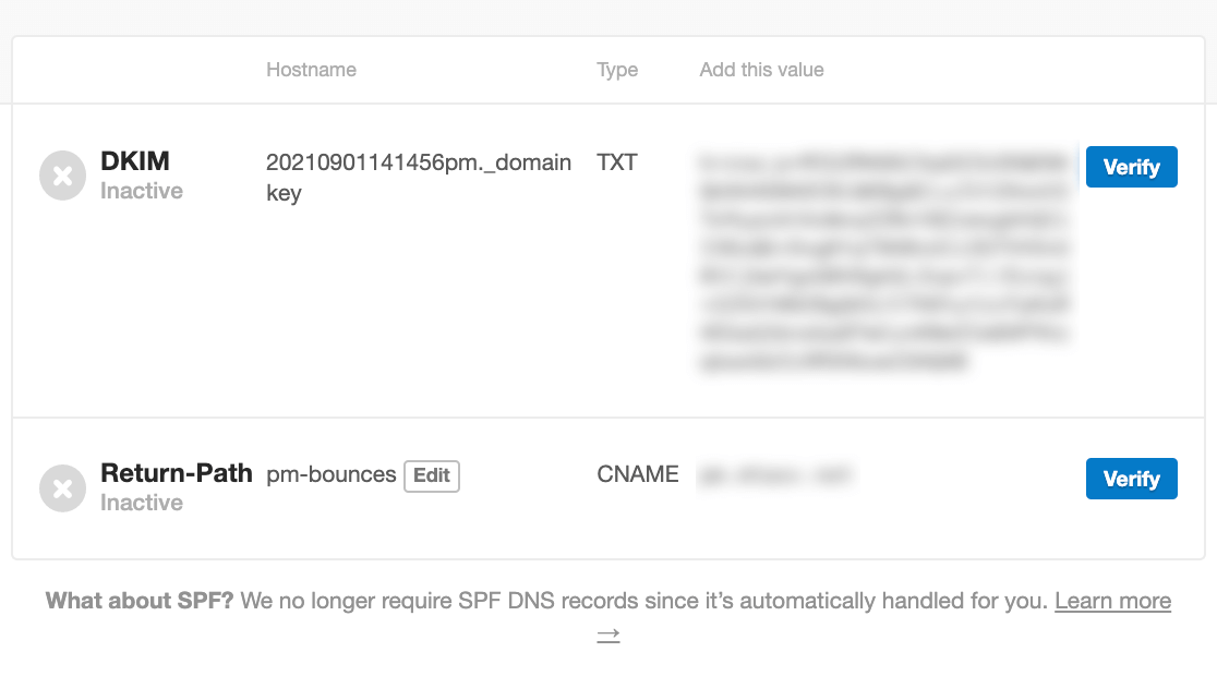 The DNS records you have to add to your DNS settings to verify a domain in Postmark