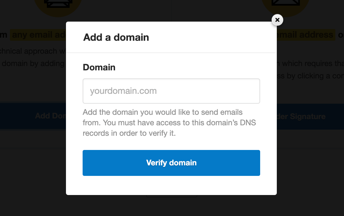 Entering the domain to verify in Postmark