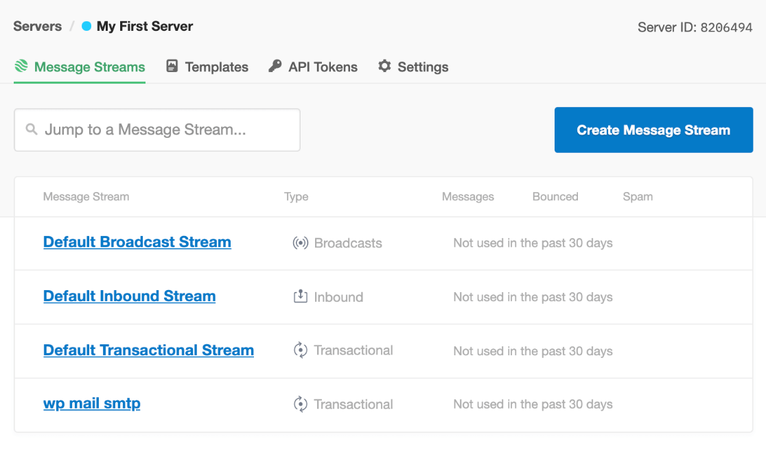 A list of Message Streams in Postmark