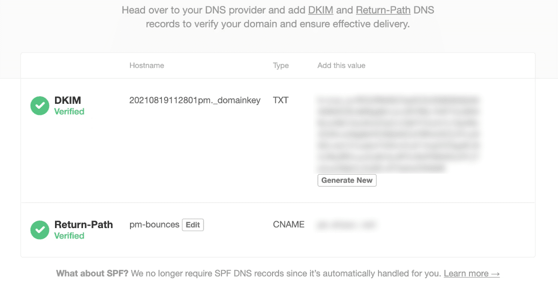 Verified DNS records for Postmark