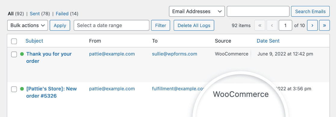 Viewing WooCommerce order emails in the WP Mail SMTP email log