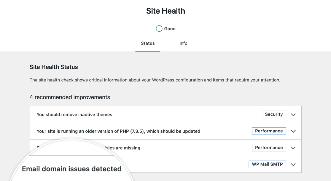 Finding the Email domain issues detected item in the list of recommended improvements from the Site Health tool
