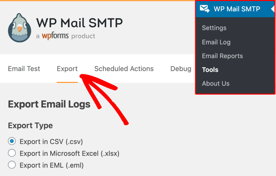 WP Mail SMTP export tab