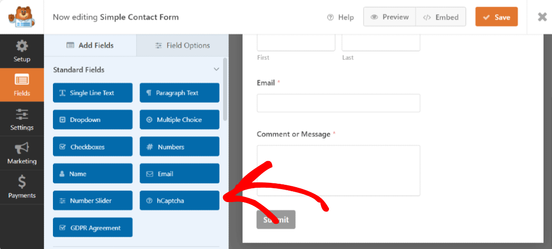 WPForms hCaptcha field in WordPress