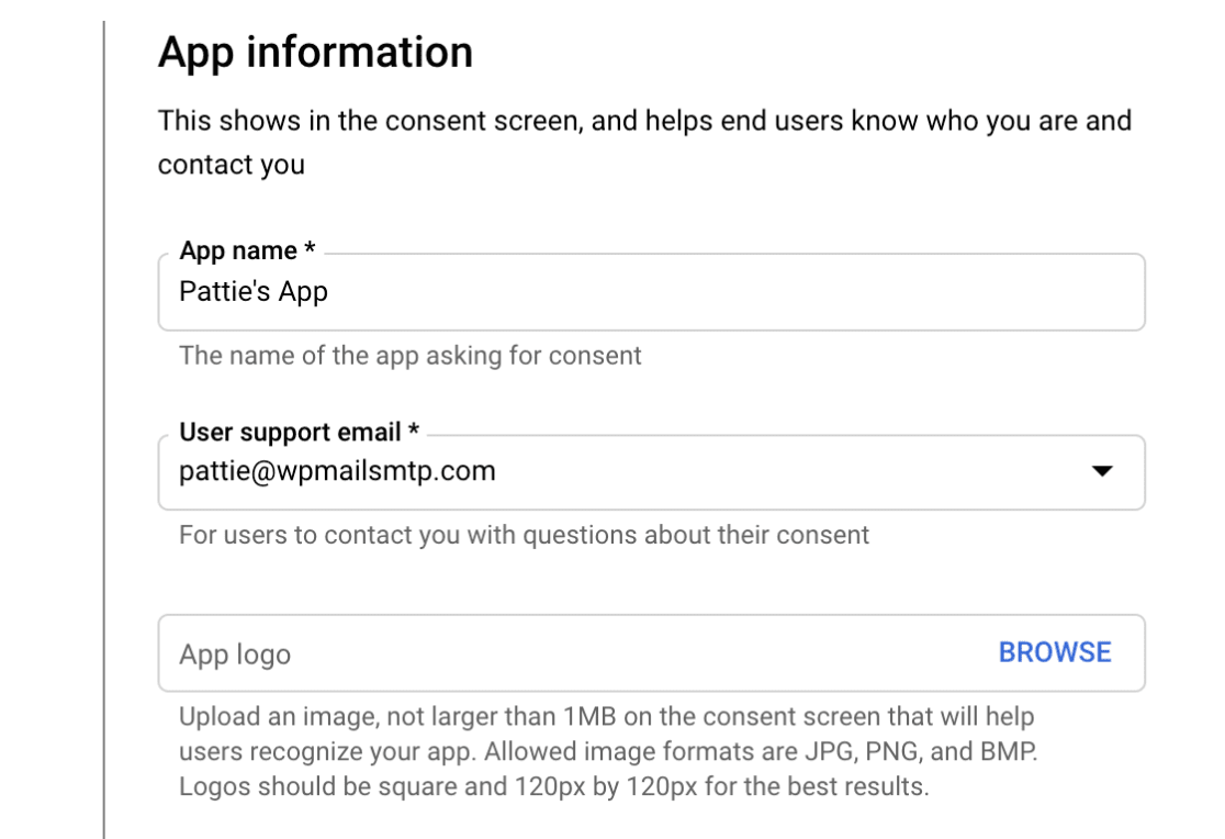 Entering app information in Google Cloud