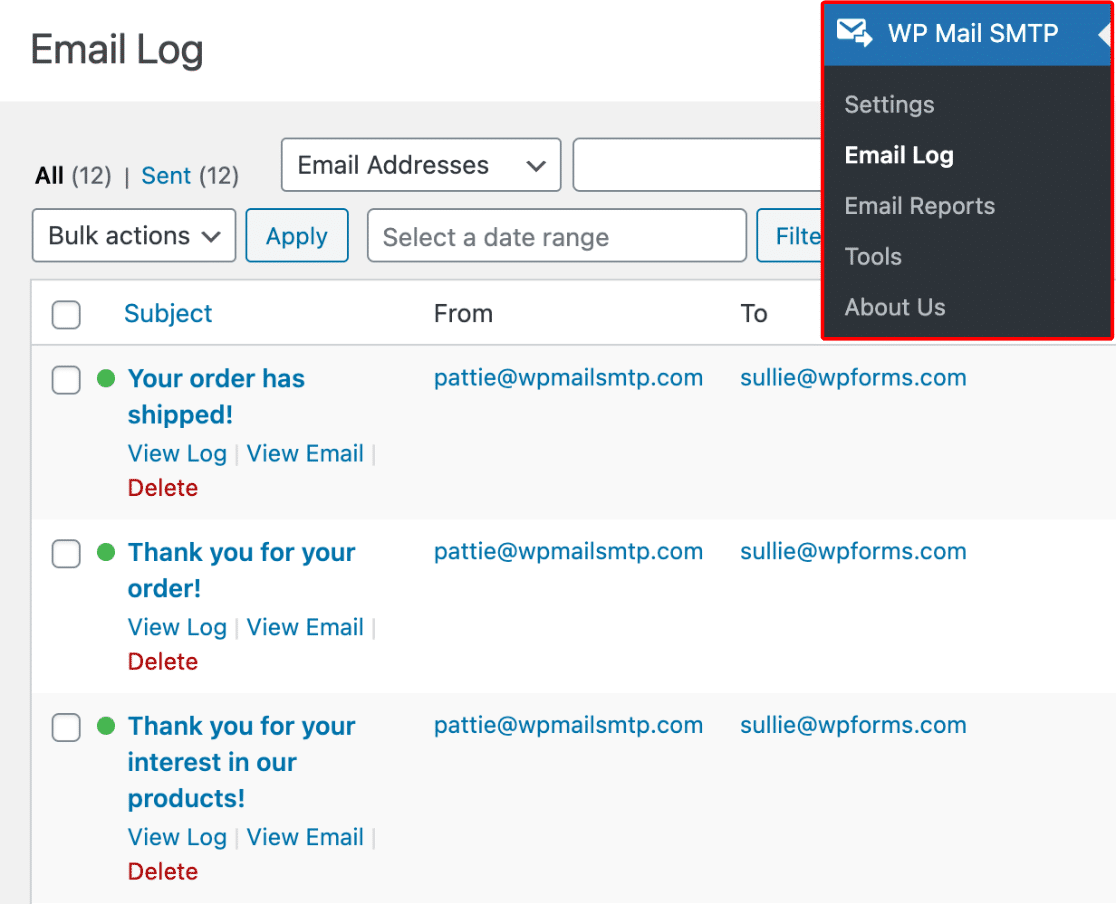 The Email Log screen in WP Mail SMTP