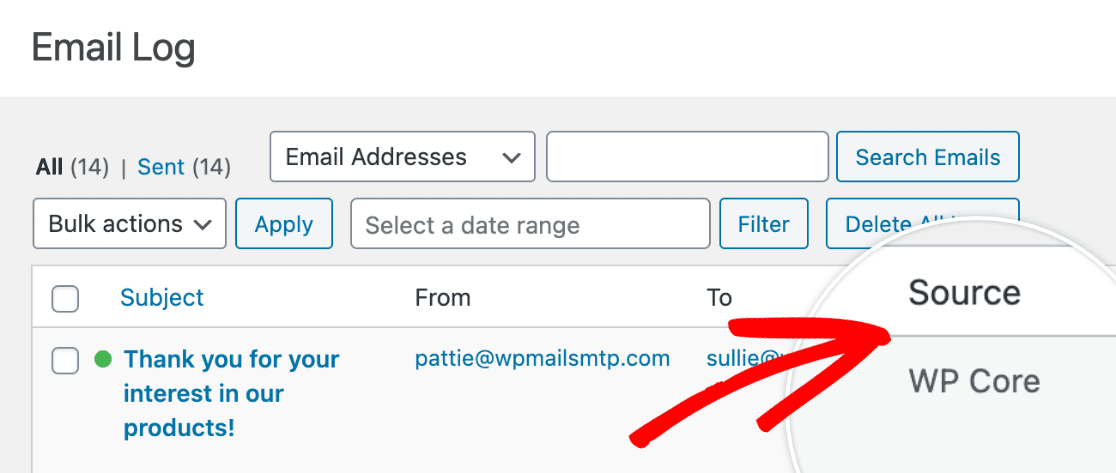Email source in email log