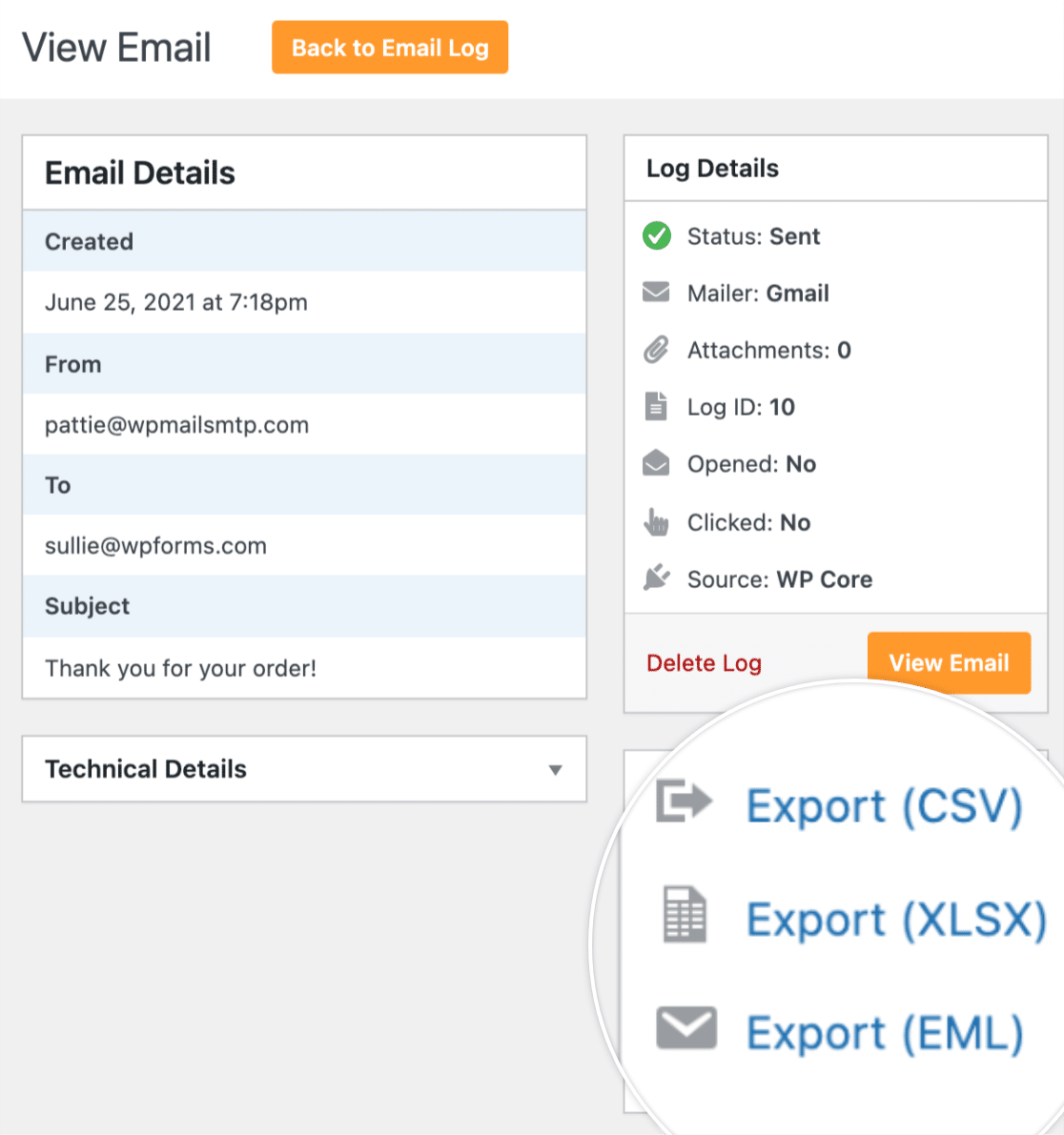 Export email log