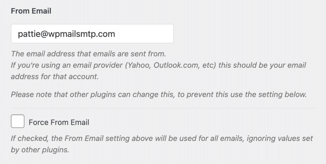 Desde el correo electrónico en la configuración SMTP de WP Mail