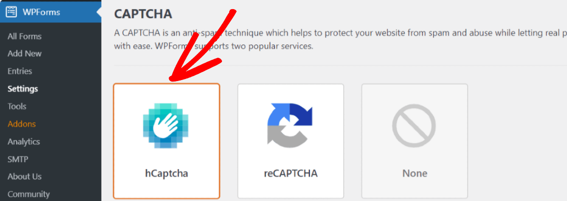 WPForms hCaptcha settings