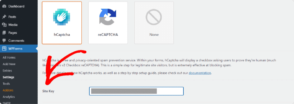 hCaptcha site key in WordPress form