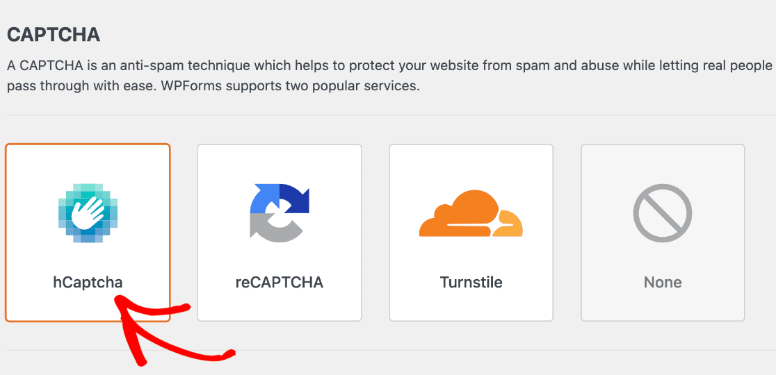Select hCaptcha in WordPress