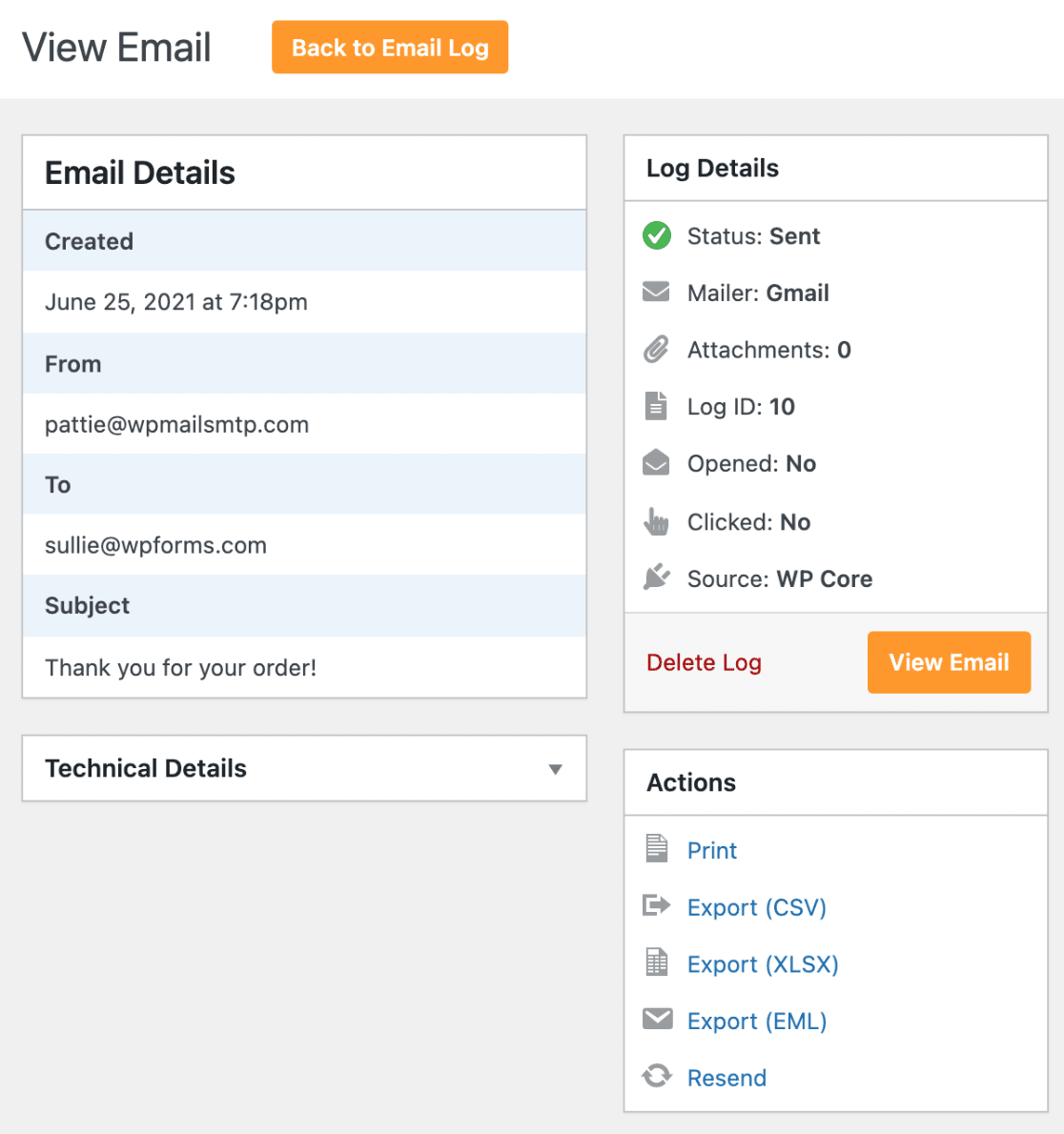 View individual email log