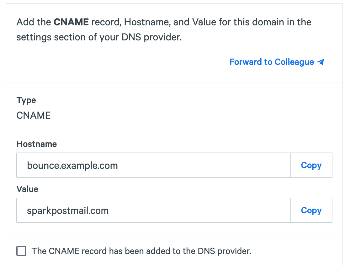 The CNAME record for a SparkPost bounce domain