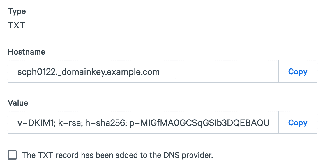 The TXT record for adding a sending domain in SparkPost