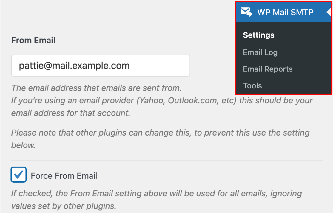 Adding a from email in WP Mail SMTP's settings