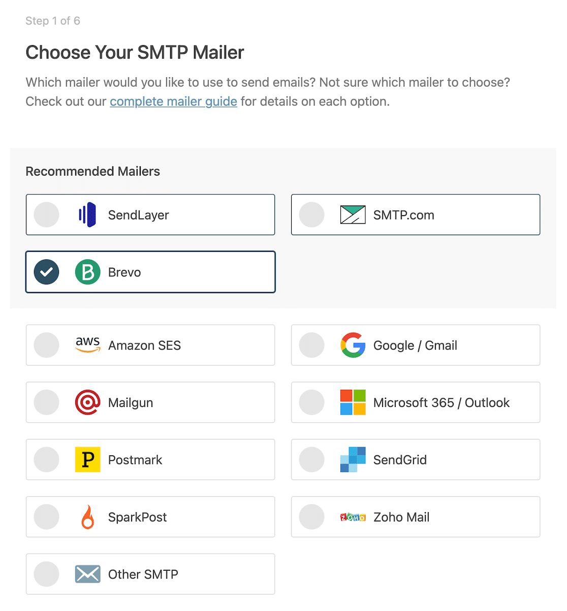 Select Brevo as your SMTP mailer