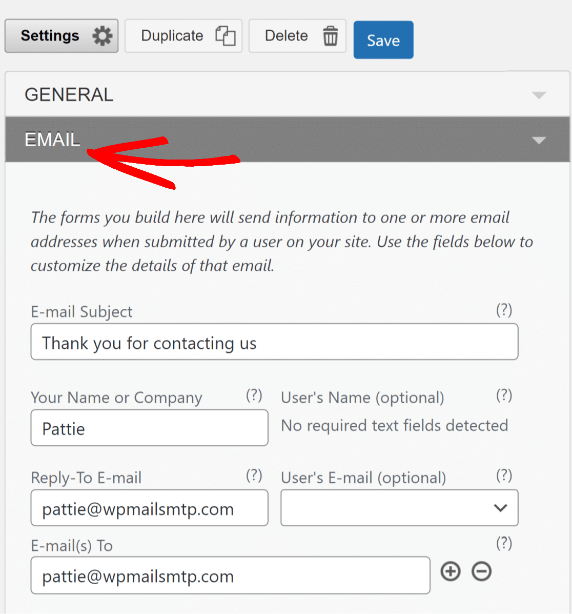 VFB email settings