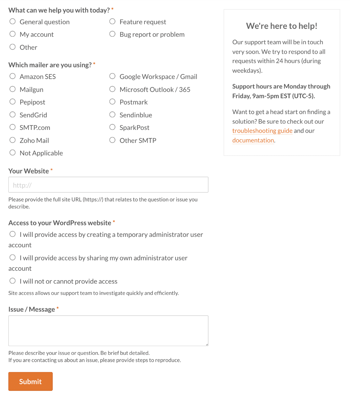 WP Mail SMTP support form