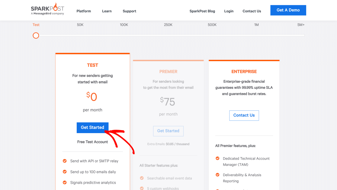 SparkPost pricing page