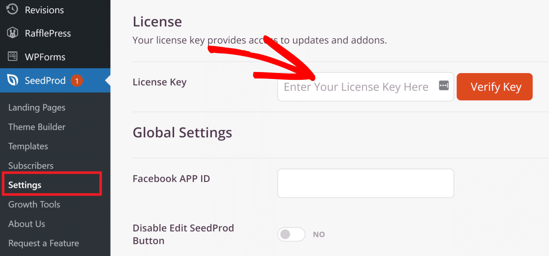 enter SeedProd license key