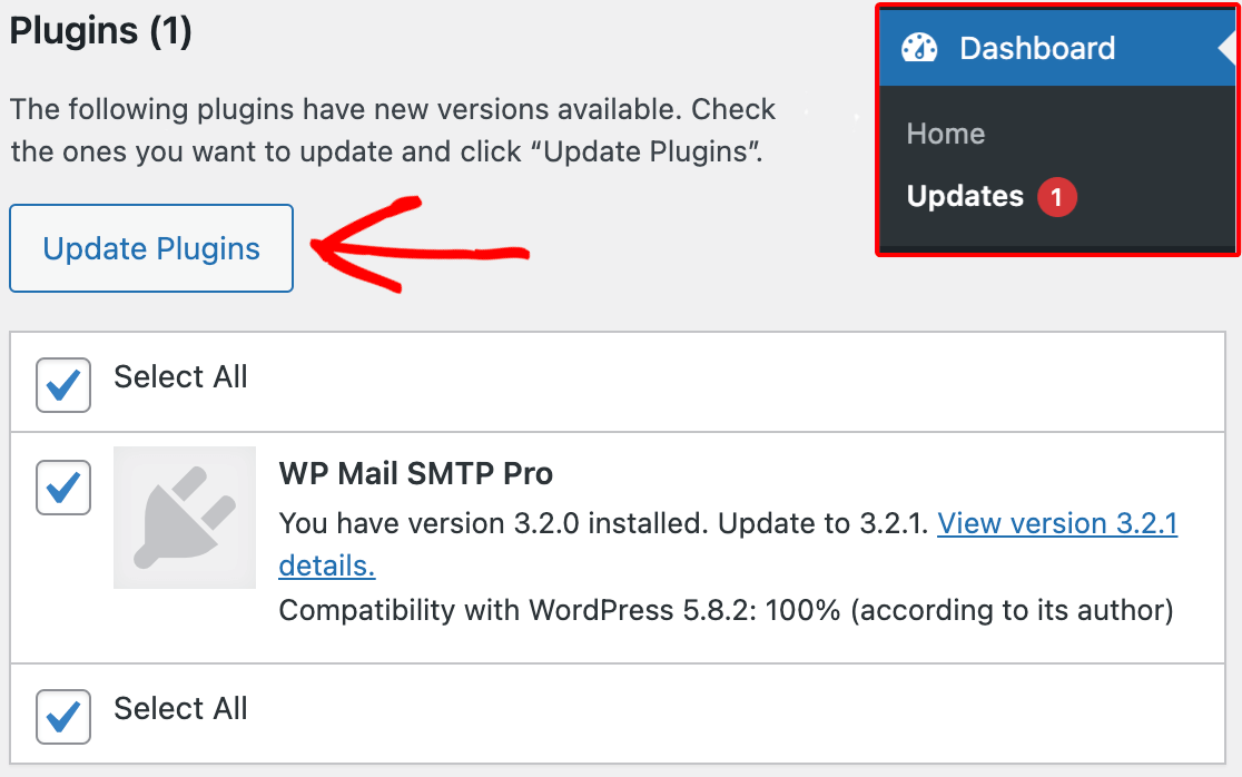 Updating WP Mail SMTP from the WordPress admin dashboard