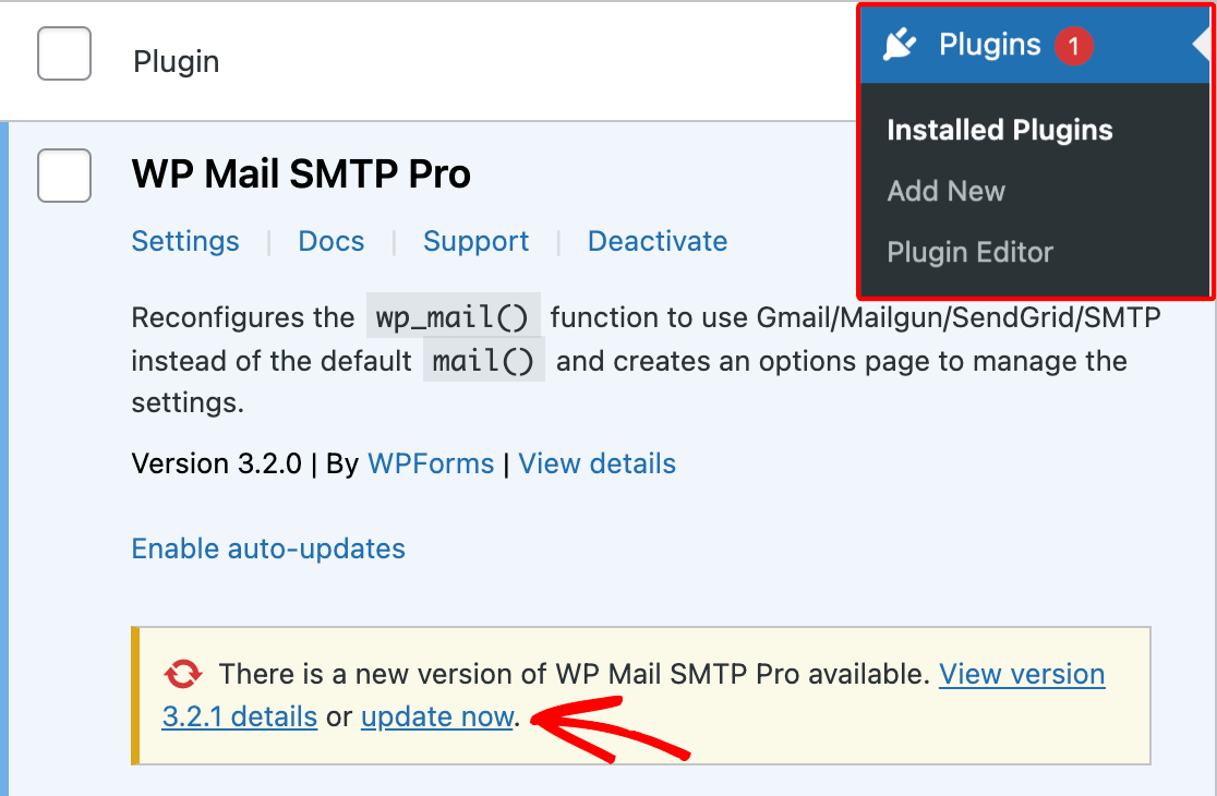 Updating WP Mail SMTP from the Plugins screen in the WordPress admin area
