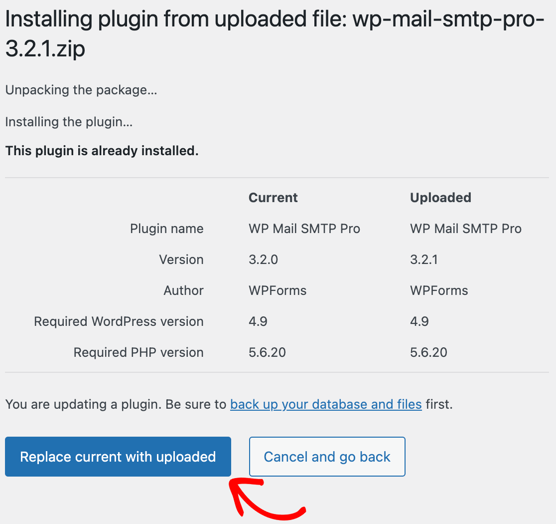 Installing a new version of WP Mail SMTP and replacing the current version