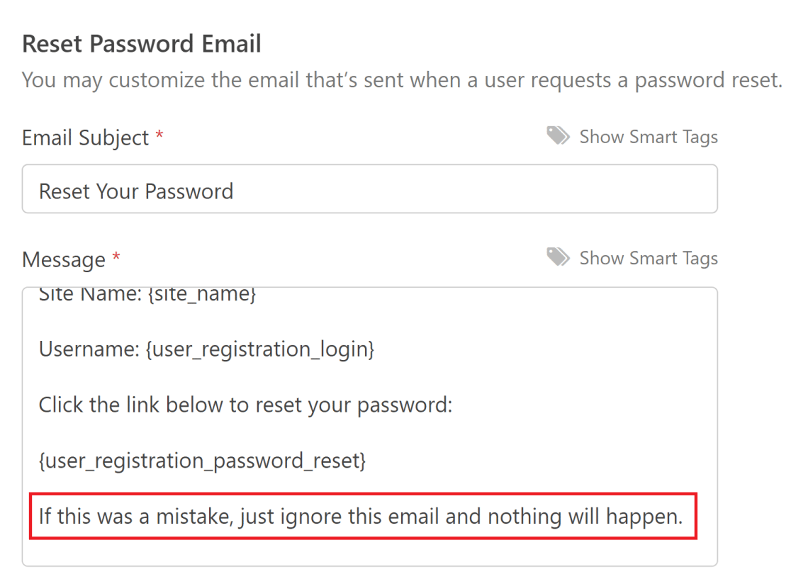 reset password reassuring message 