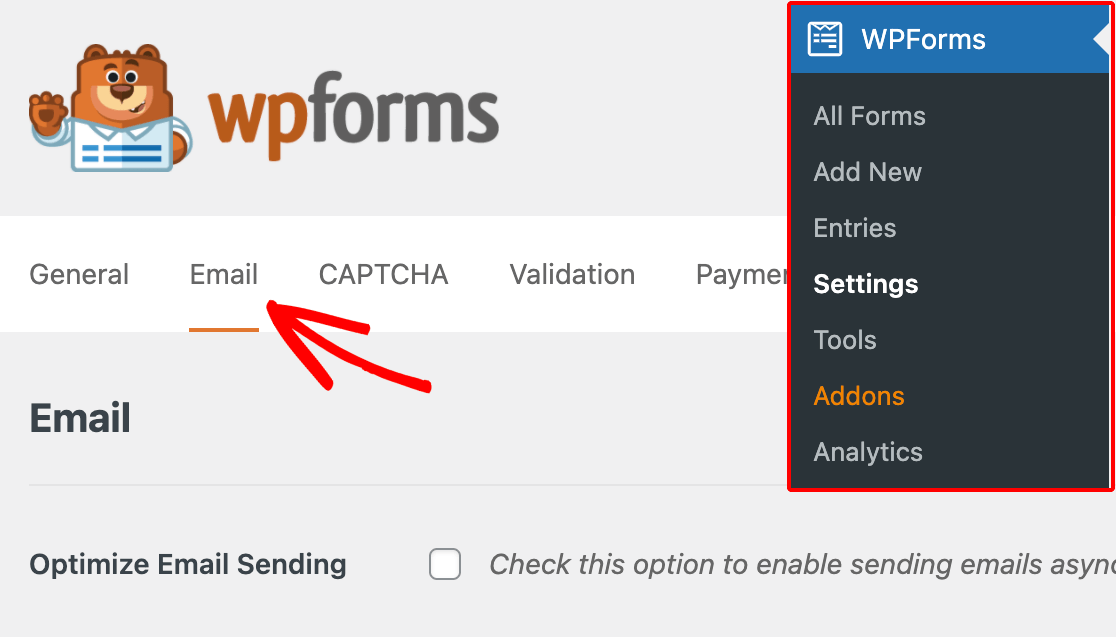 WPForms email settings