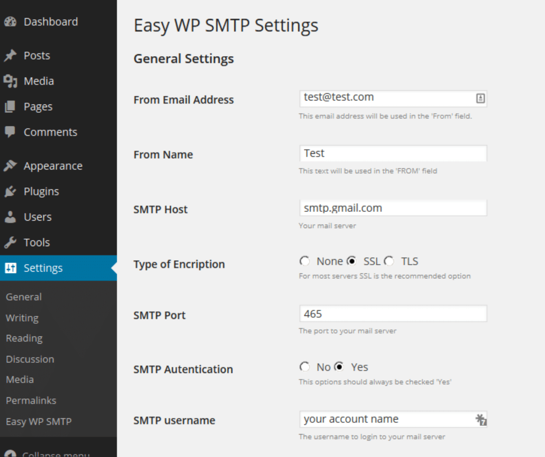 easy wp smtp settings