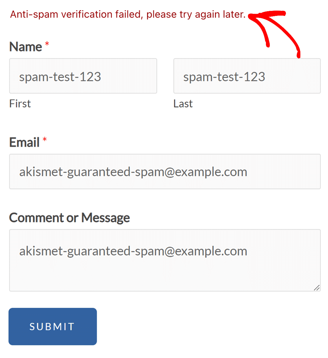 An anti-spam failure notice