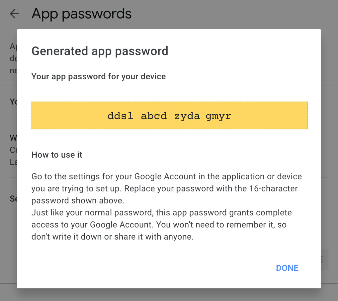 App password generated for WP Mail SMTP